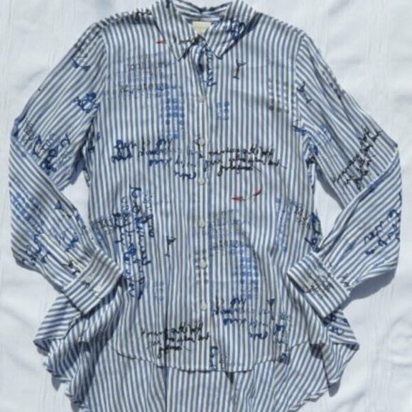 CHICO’S White Blue Striped Conversational Rayon Hi Lo Shirt Tunic Top - Picture 5 of 9
